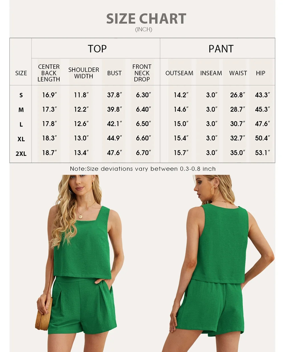 Women'S Square Neck Sleeveless Shorts Casual Outfit, 2-Piece Set, Size XL