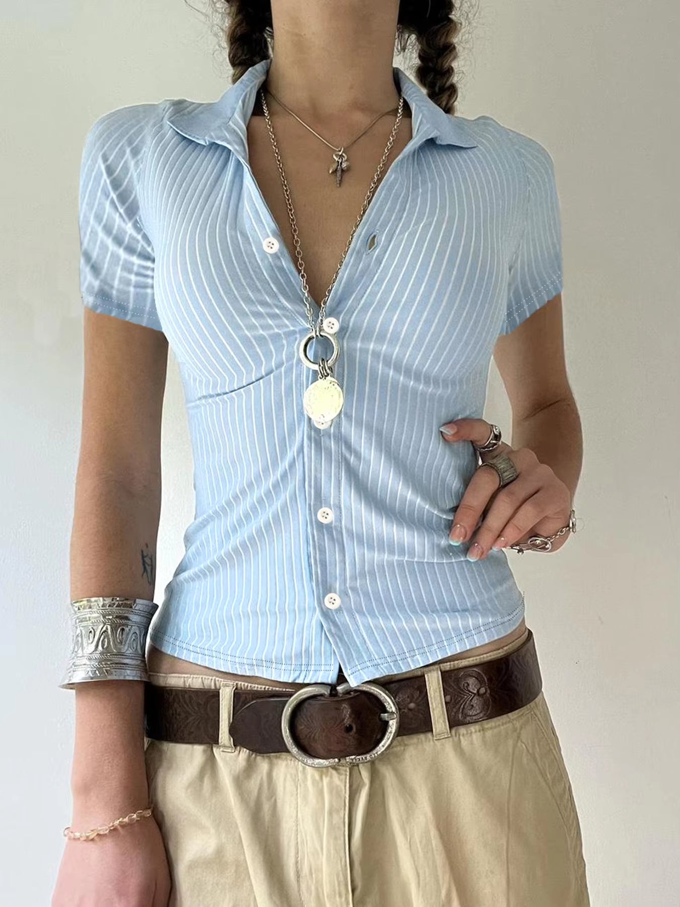 Blue Stripe Short Sleeve Shirts for Women Button up Turn down Collar Slim Simple Casual Preppy Tops Basic Summer Tees