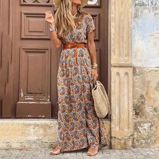 Womens Dresses plus Size Maxi Fall Boho Women'S Dresses V-Neck Vacation Floral Casual Ankle Length Short Sleeve Dresses with Belt