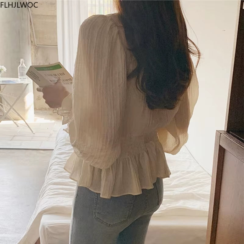 Womens Long Sleeve Peplum Tops Cute Sweet Preppy Style V Neck Ruffled Solid Shirts Blouse