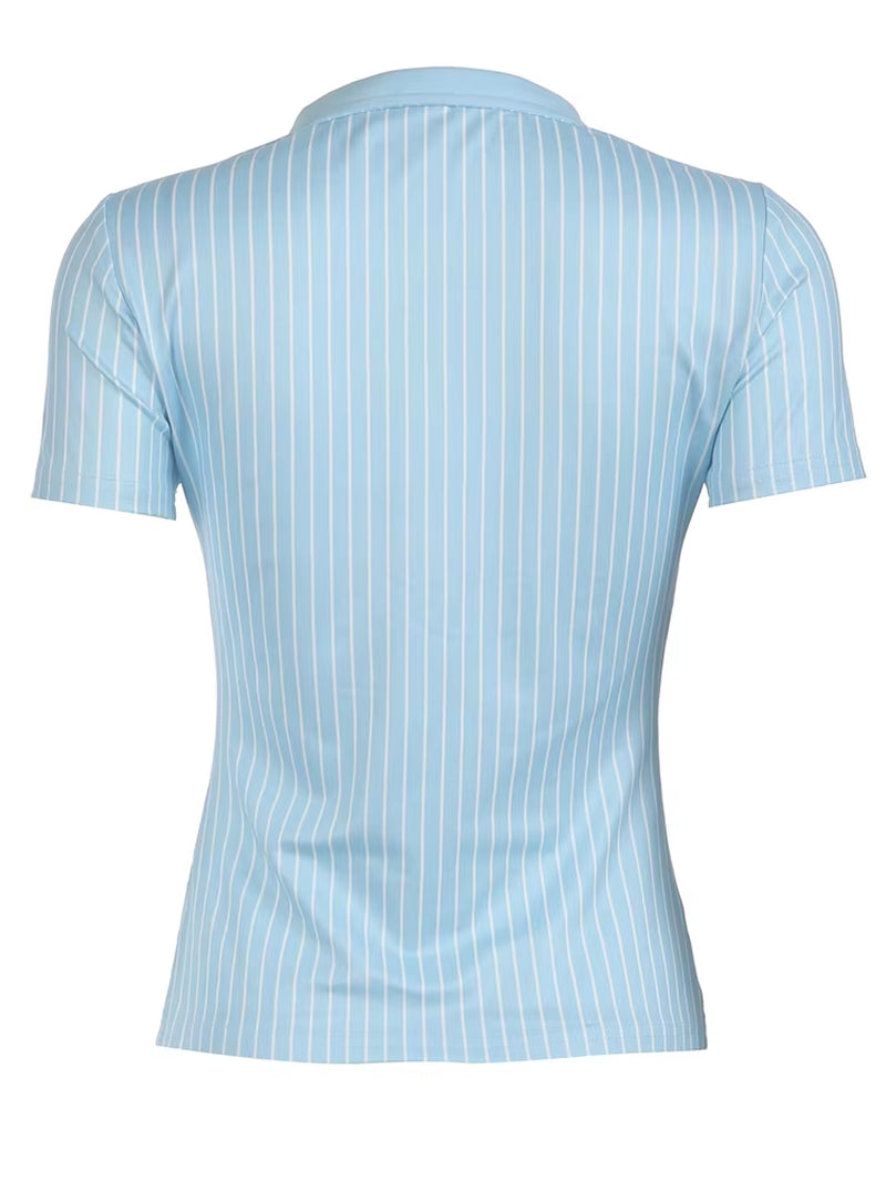 Blue Stripe Short Sleeve Shirts for Women Button up Turn down Collar Slim Simple Casual Preppy Tops Basic Summer Tees