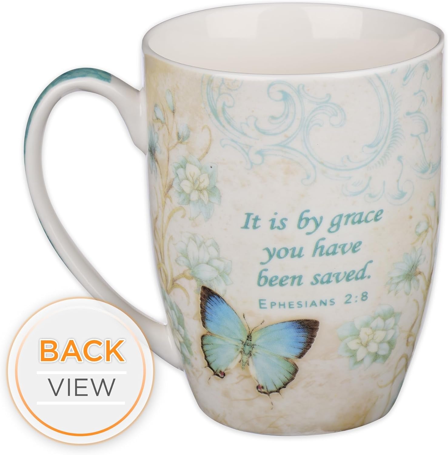 Botanic Blue Butterfly Ceramic Coffee Mug – Inspirational Coffee Cup for Women & Men 12 Oz. Lead-Free Microwave and Dishwasher Safe Coffee Mug with Bible Verse: Grace - Eph. 2:8