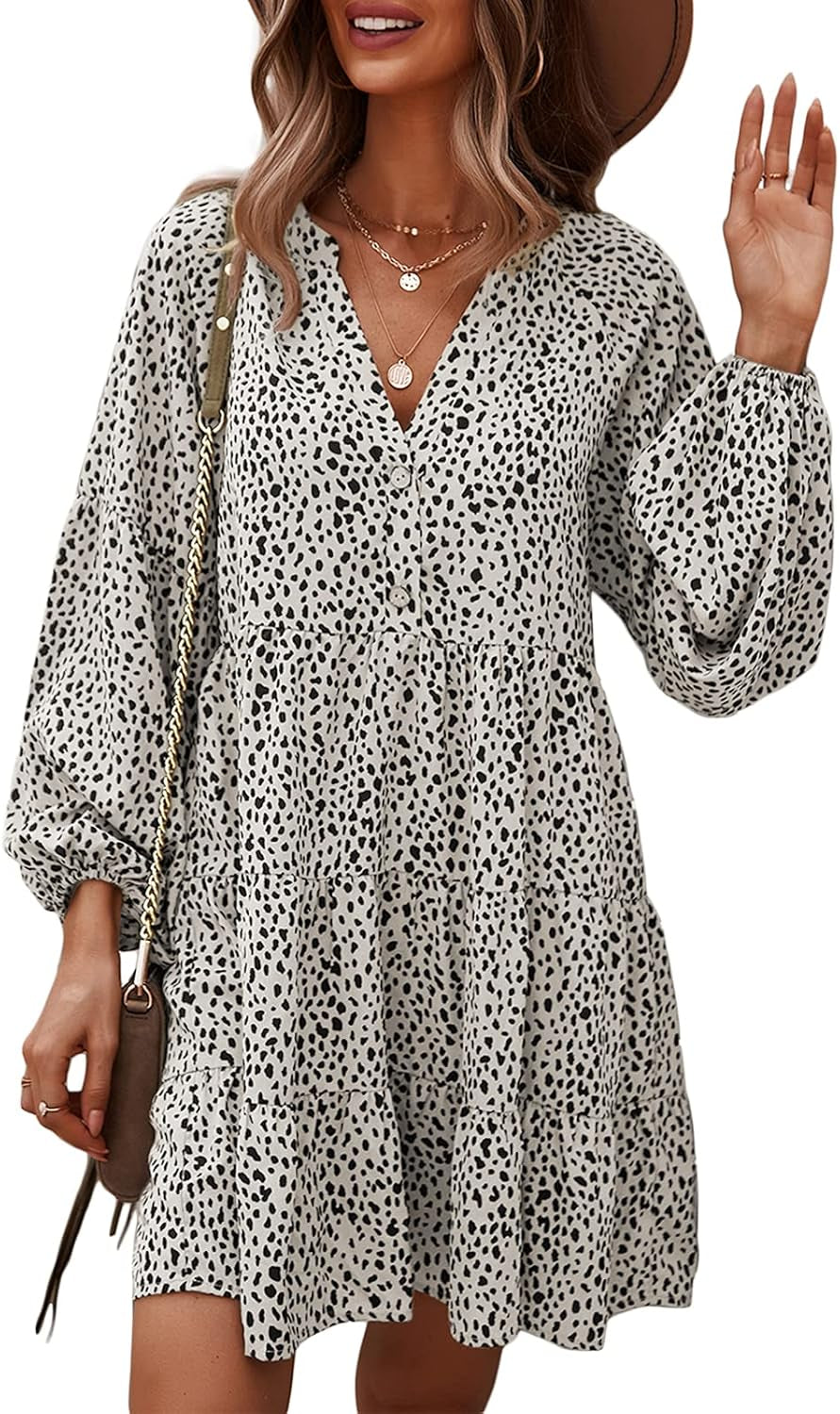 Womens Long Sleeve Dress: Leopard Printed Tunic Casual Loose V Neck Fall Flowy Mini Dresses S-XL