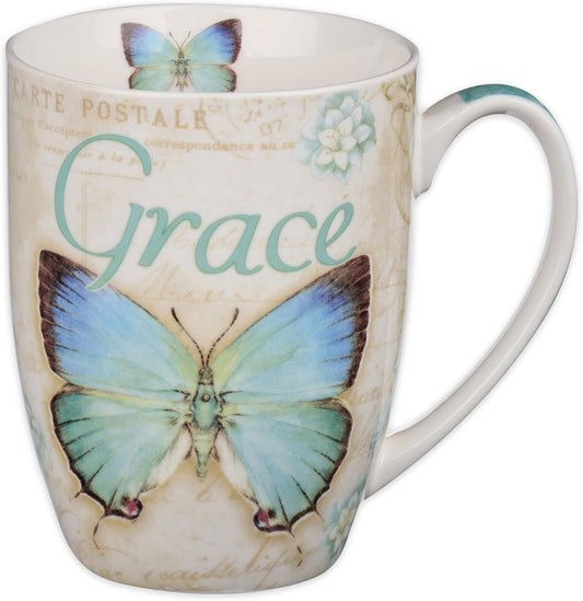 Botanic Blue Butterfly Ceramic Coffee Mug – Inspirational Coffee Cup for Women & Men 12 Oz. Lead-Free Microwave and Dishwasher Safe Coffee Mug with Bible Verse: Grace - Eph. 2:8