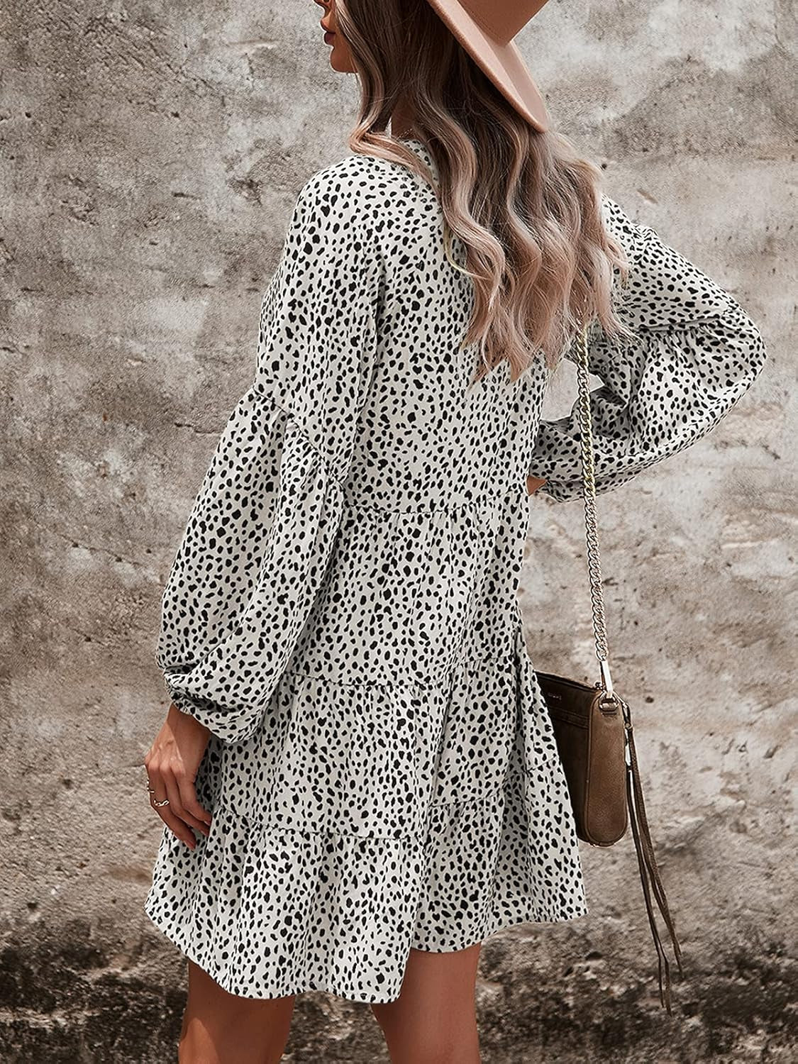 Womens Long Sleeve Dress: Leopard Printed Tunic Casual Loose V Neck Fall Flowy Mini Dresses S-XL