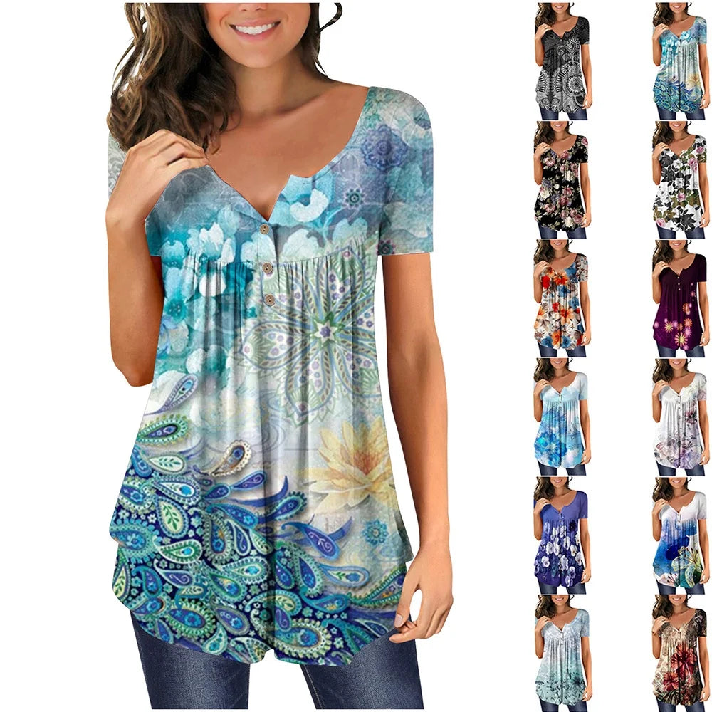 plus Size Blouses for Women Clearance Summer Floral Print Tunic Tops Short Sleeve V-Neck T-Shirts Dressy Casual Blouses Light Blue