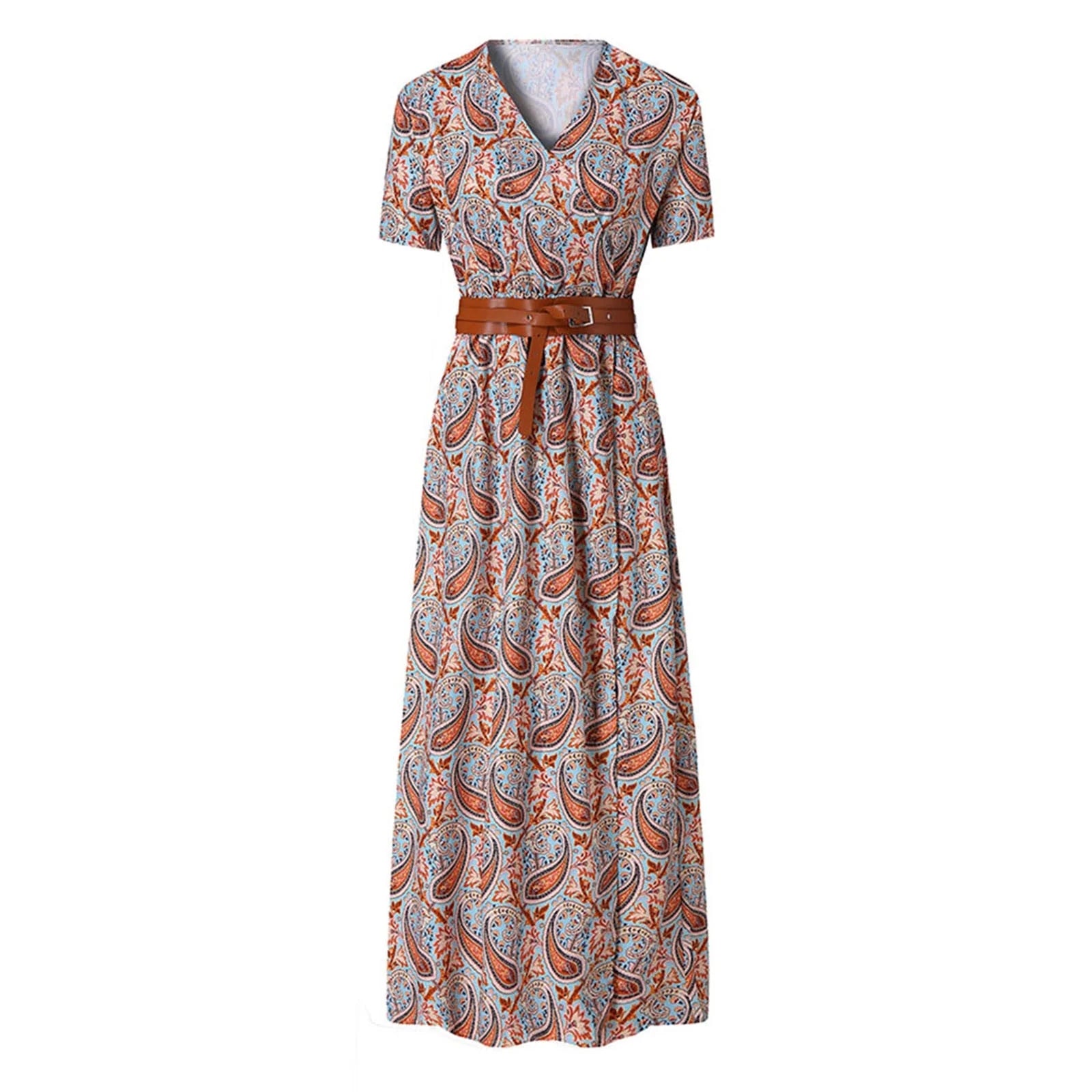 Womens Dresses plus Size Maxi Fall Boho Women'S Dresses V-Neck Vacation Floral Casual Ankle Length Short Sleeve Dresses with Belt