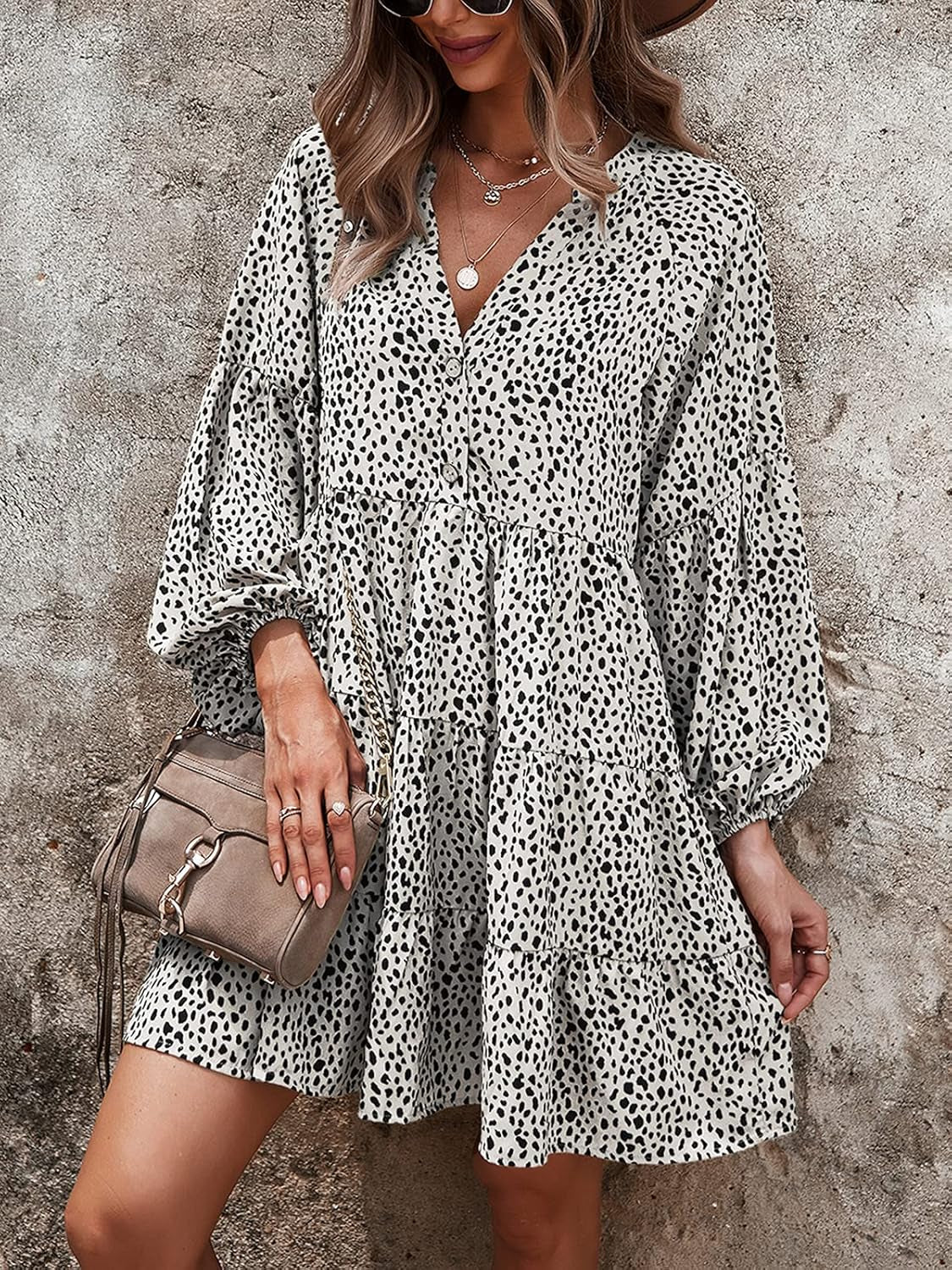 Womens Long Sleeve Dress: Leopard Printed Tunic Casual Loose V Neck Fall Flowy Mini Dresses S-XL