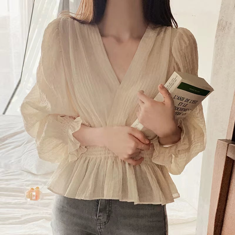 Womens Long Sleeve Peplum Tops Cute Sweet Preppy Style Girls Korean Style V Neck Ruffled Solid Shirts Blousas