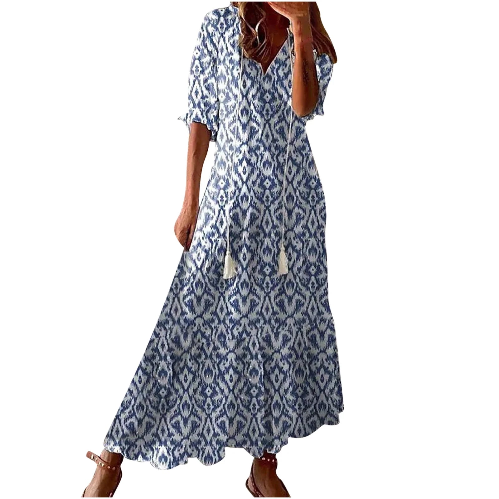 Sun Dresses for Women plus Size Fashion Casual Spring and Summer V-Neck Three-Quarter Sleeve Printed Dress Beach Flowy Long Dress on Clearance