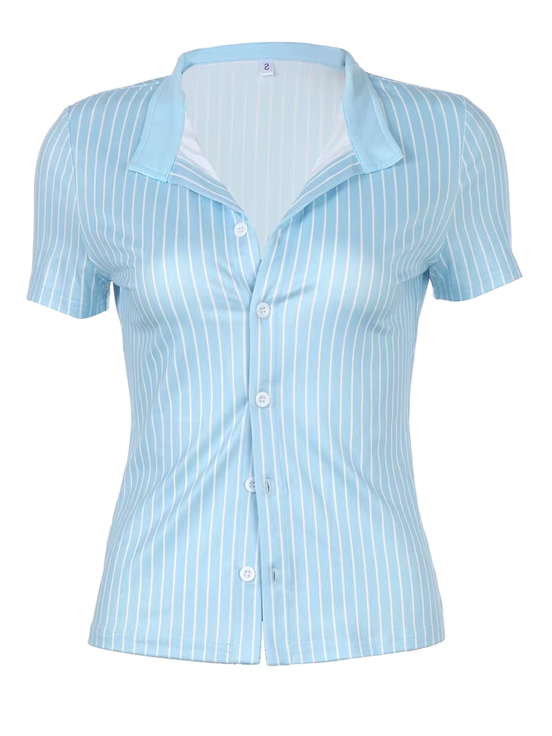 Blue Stripe Short Sleeve Shirts for Women Button up Turn down Collar Slim Simple Casual Preppy Tops Basic Summer Tees