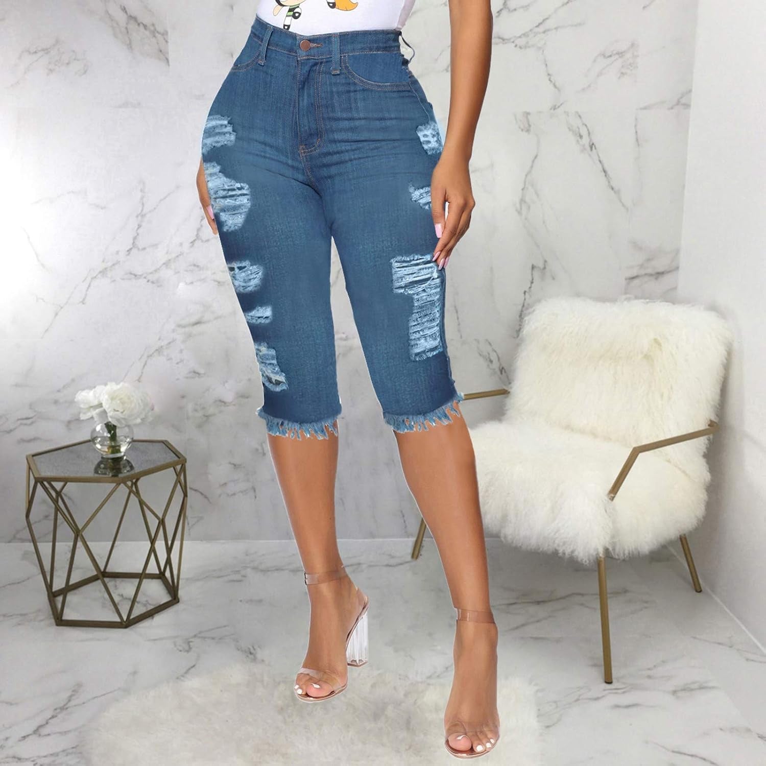 WUAI Bermuda Shorts for Women Knee Length Biker Denim Shorts Distressed Stretchy Curvy Ripped Jeans Shorts plus Size