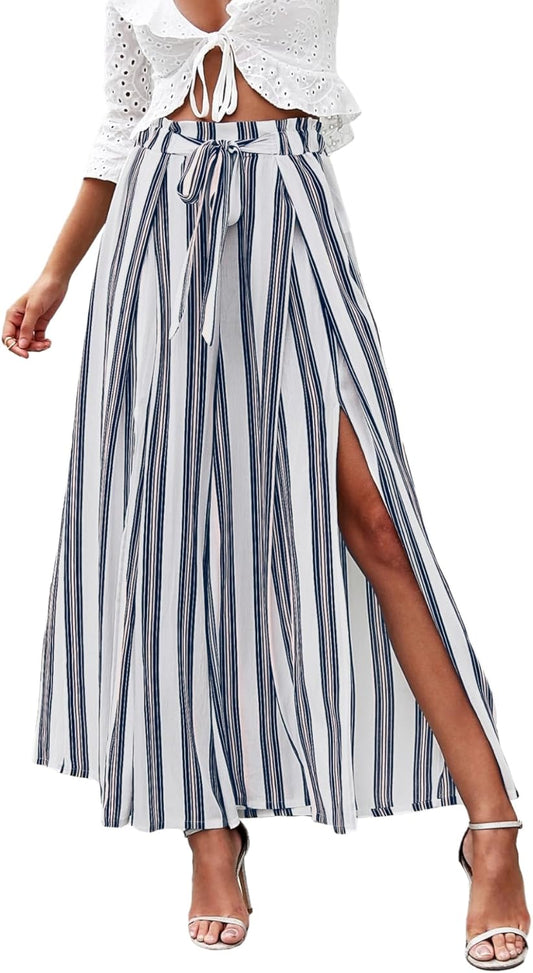 Simplee Women'S Casual Split Wide Leg Pants High Waist Palazzo Flowy Beach Pants Summer Boho Lounge Pants with Pockets