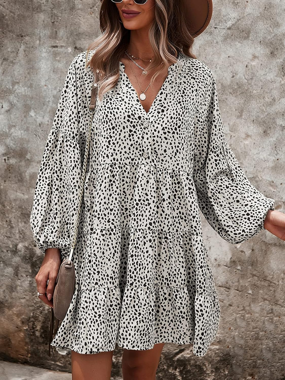 Womens Long Sleeve Dress: Leopard Printed Tunic Casual Loose V Neck Fall Flowy Mini Dresses S-XL