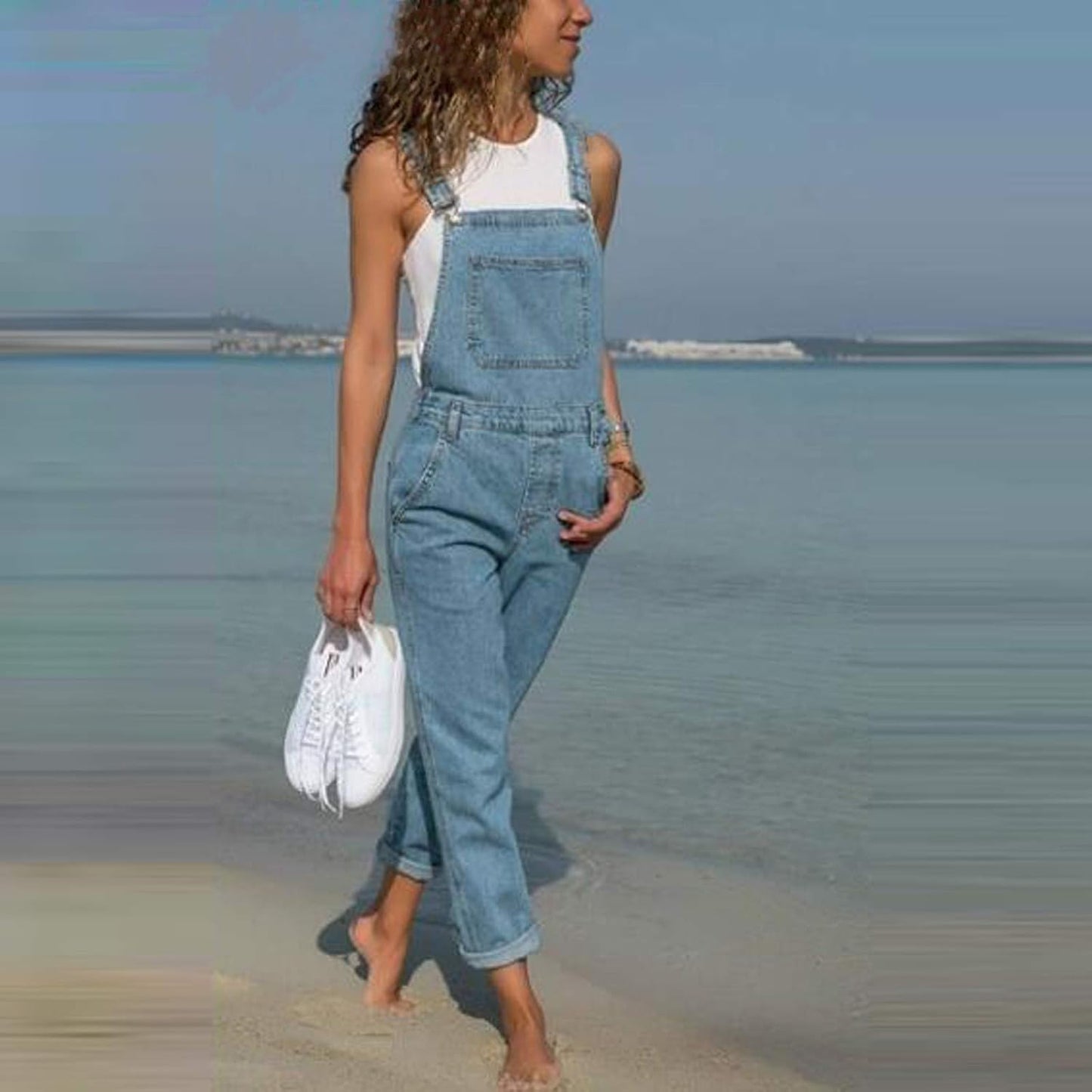 Women'S Casual Loose Denim Bib Overalls Baggy plus Size Jumpsuits Wide Leg Cropped Harem Pants Rompers