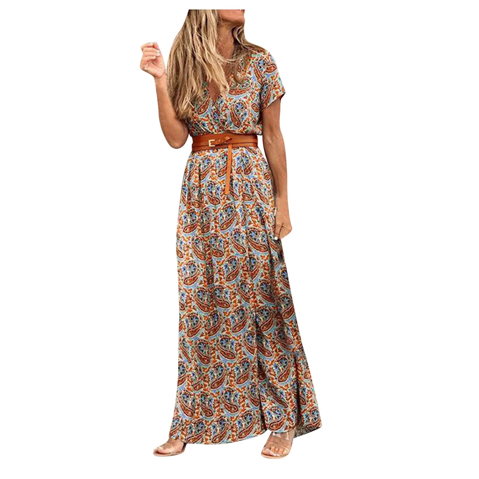 Womens Dresses plus Size Maxi Fall Boho Women'S Dresses V-Neck Vacation Floral Casual Ankle Length Short Sleeve Dresses with Belt